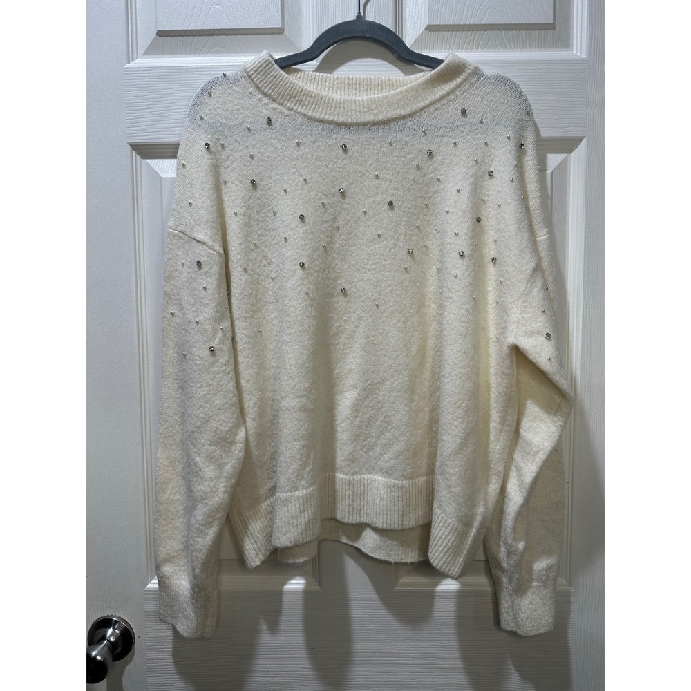 H&M Cream Pearl Rhinestone Embellished Crewneck‎ Sweater Women Size M